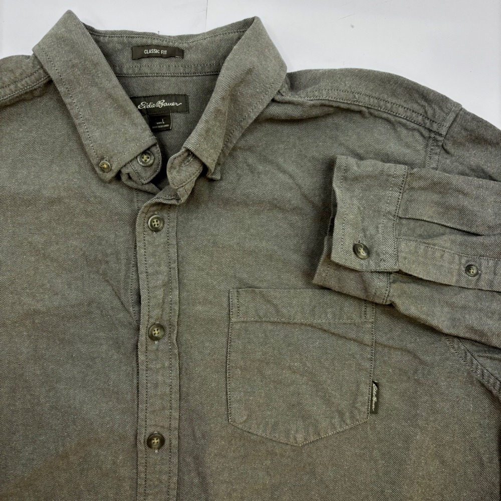 Eddie Bauer Mens Classic Fit Long‎ Sleeve Button Down Shirt Gray Twill Large